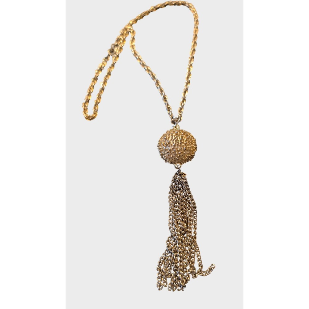 Vintage Gold Tone Tassel Necklace Textured Orb Pendant Mid century